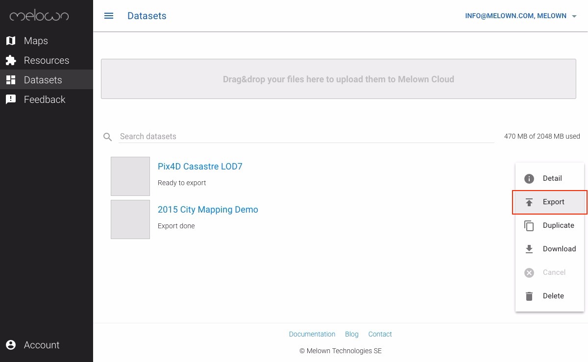 Melown Cloud Dataset Tab Export Dataset